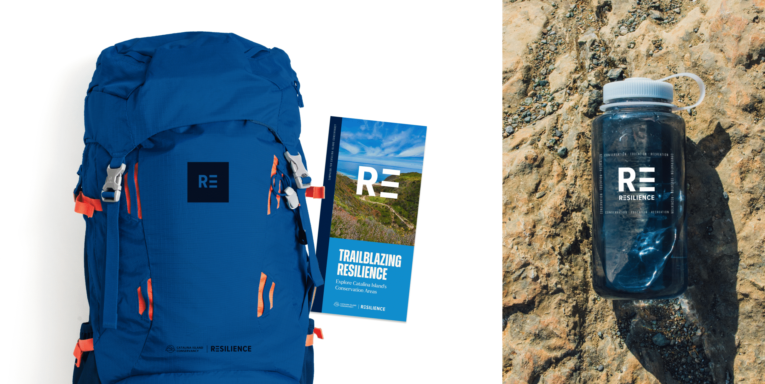 Resilience campaign outdoor gear including a blue hiking backpack with a trail guide and a clear reusable water bottle branded with the Resilience logo.