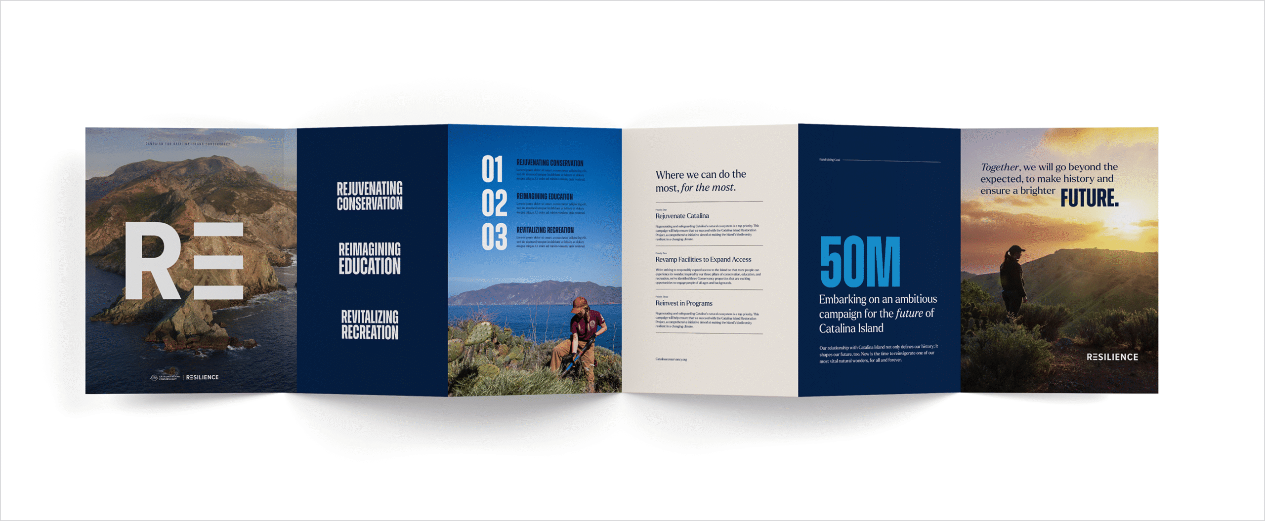 Folded campaign brochure featuring Catalina Island imagery, bold RE= branding, and messaging about conservation, education, and recreation.
