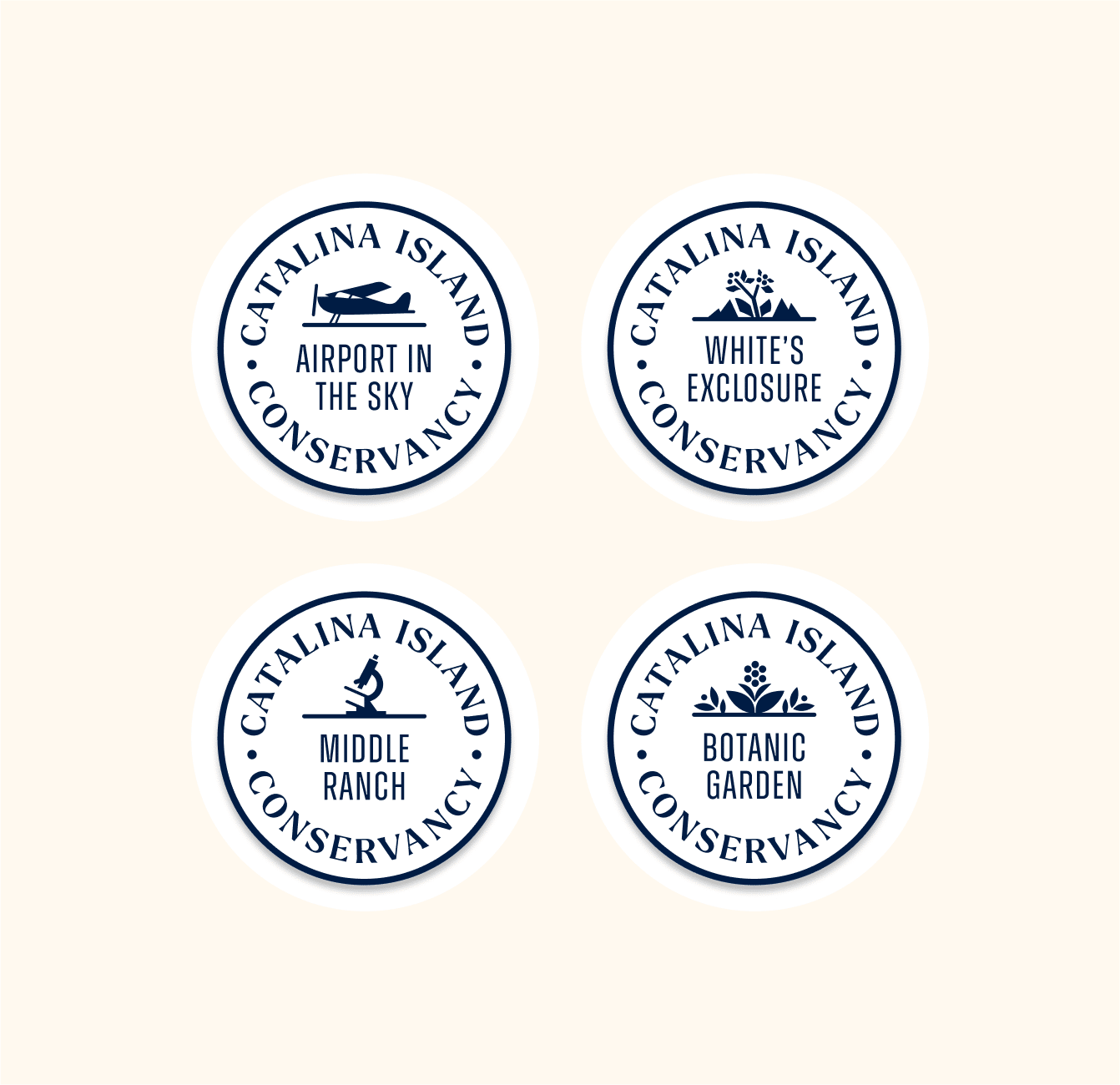 Four circular Catalina Island Conservancy stickers with illustrations labeled Airport in the Sky, White’s Exclosure, Middle Ranch, and Botanic Garden.