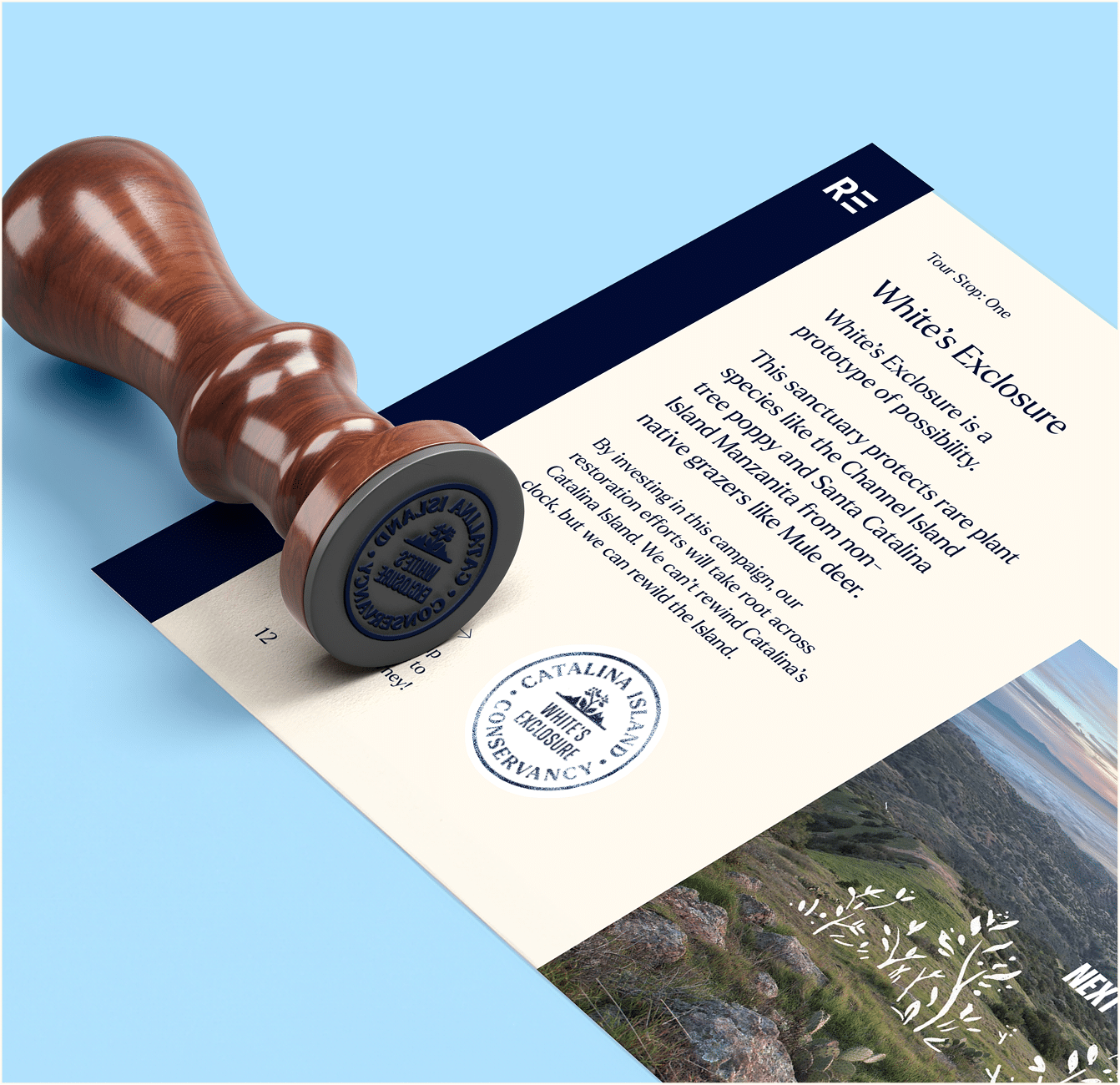 Wooden stamp marking the Catalina Island Conservancy seal for White’s Exclosure on a printed campaign document.