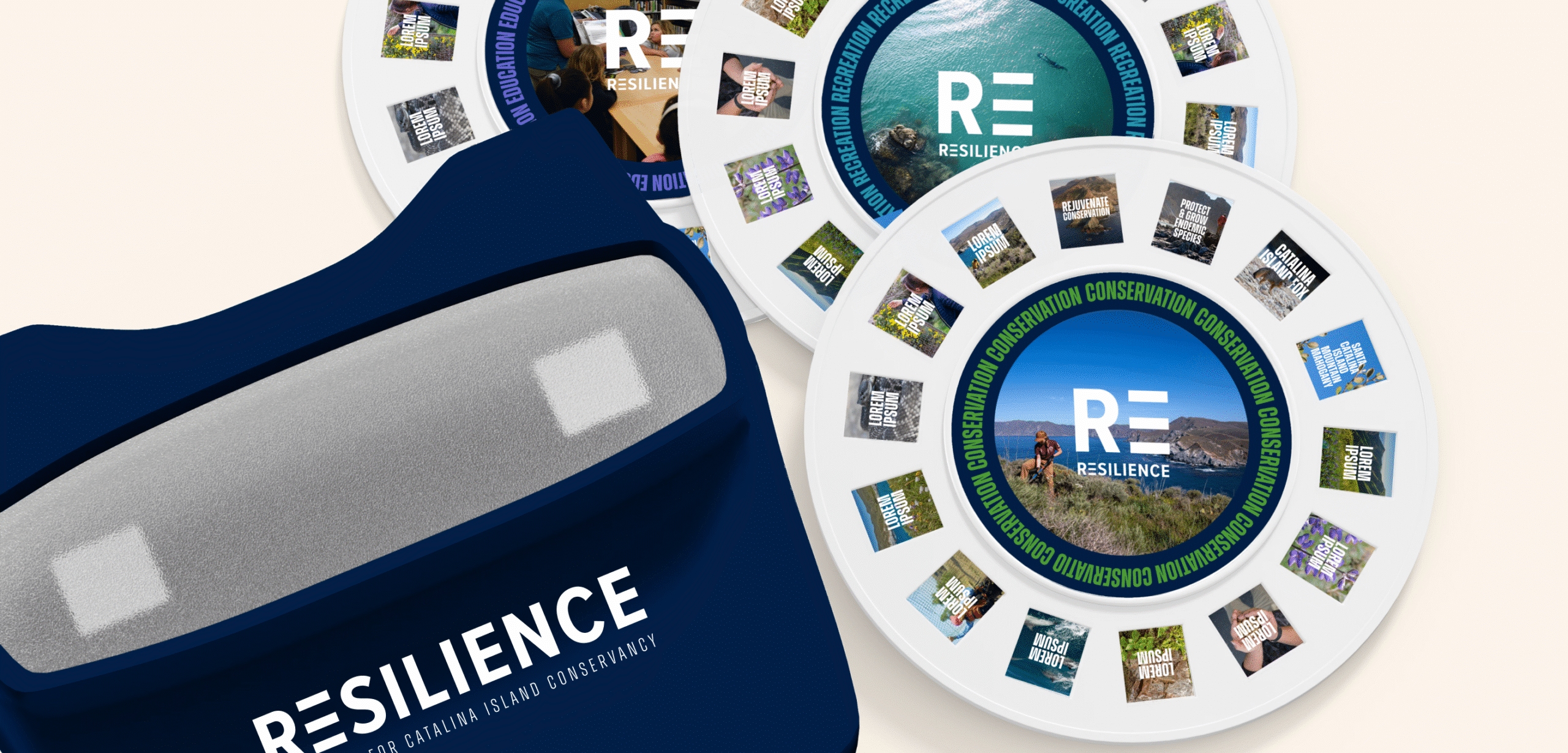 Custom Resilience campaign View-Master with reels showing images of Catalina Island landscapes, wildlife, and conservation themes, alongside the campaign’s bold RE= branding.