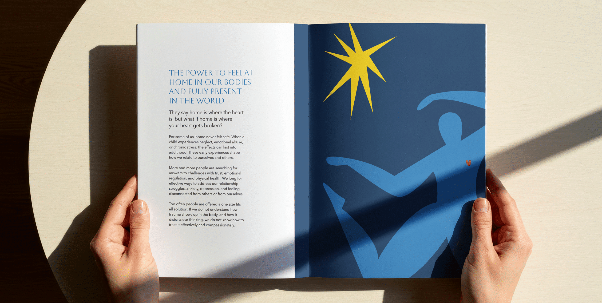 Open spread with campaign text on one page and abstract blue figure with yellow starburst on the other.