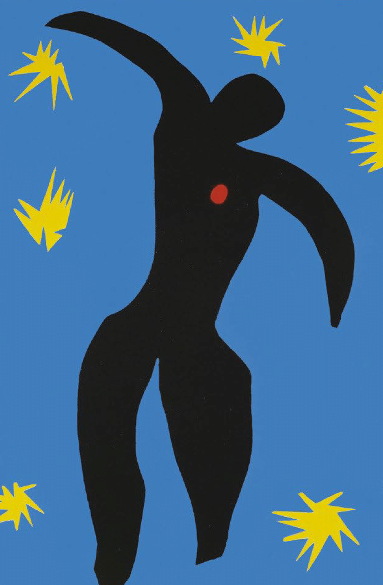 Abstract black figure with a red dot on the chest surrounded by yellow starbursts on a bright blue background, in the style of Henri Matisse.