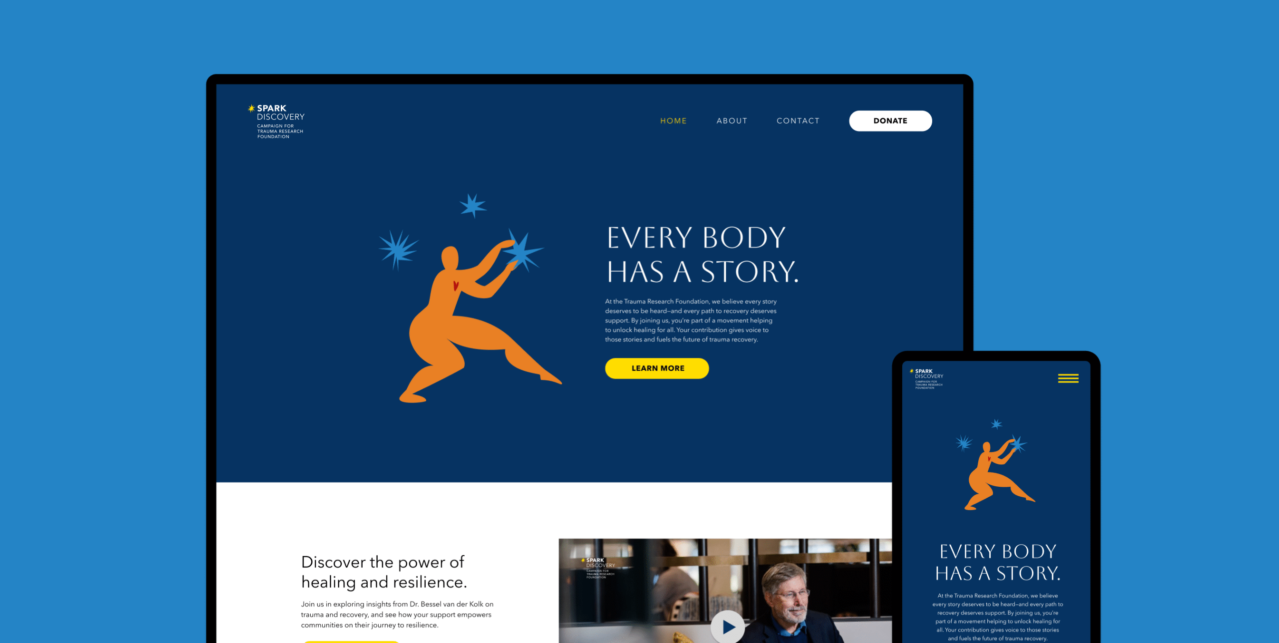 Spark Discovery campaign website mockup on laptop and mobile with text “Every Body Has a Story.”