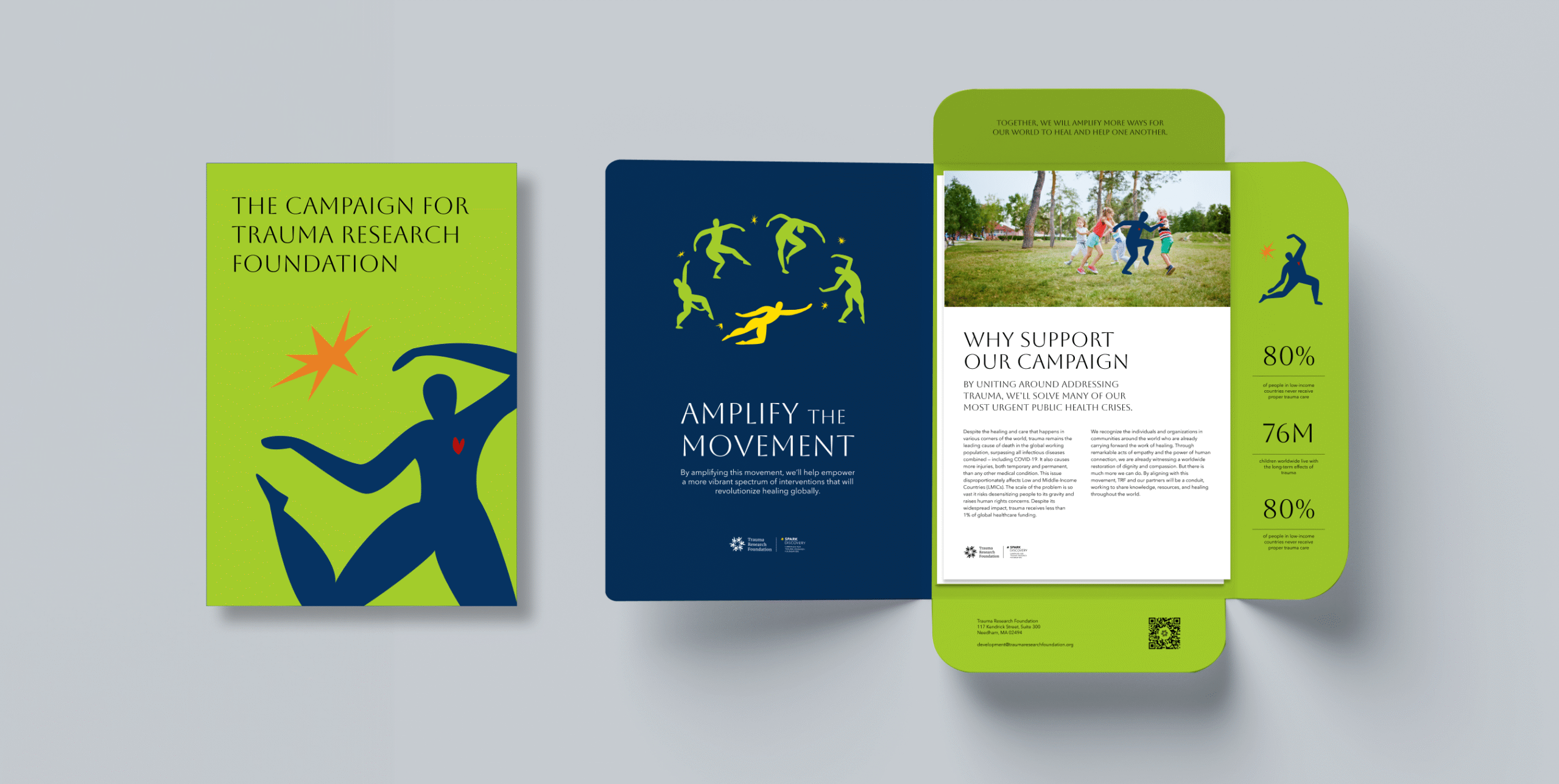 Campaign print materials with bold abstract figures and text, including “Amplify the Movement” and “Why Support Our Campaign.”