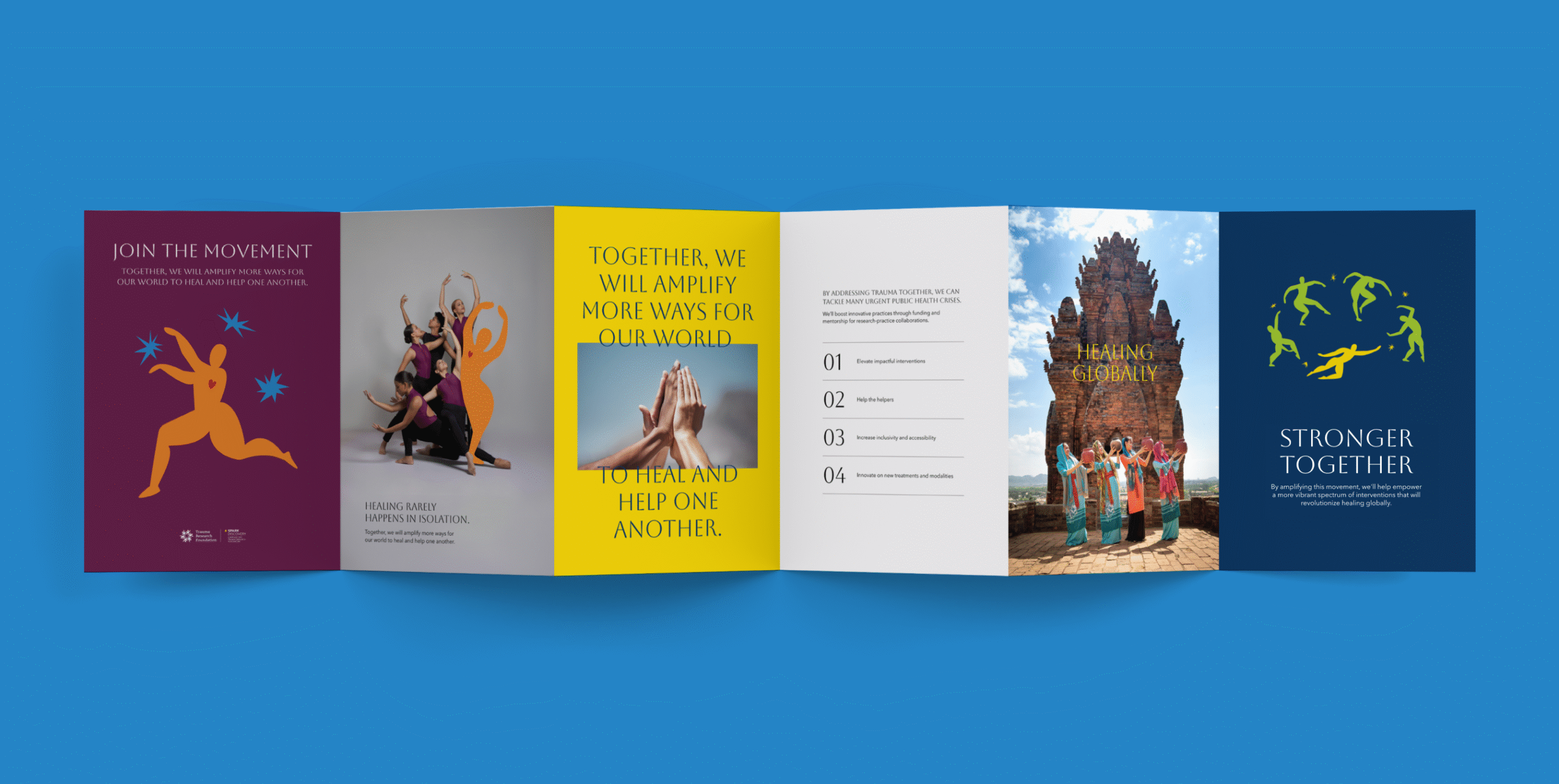 Spark Discovery campaign brochure with bold abstract figures, photos, and messages about healing together.