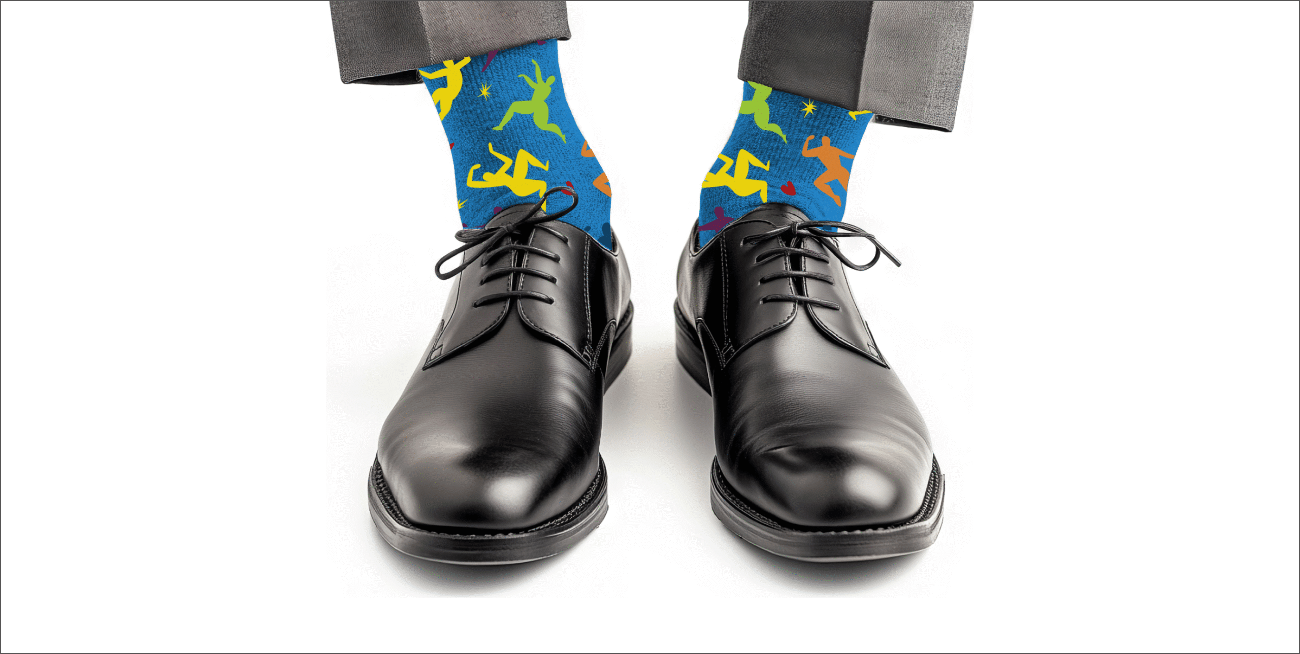 Black dress shoes with bright blue socks patterned with colorful abstract campaign figures.