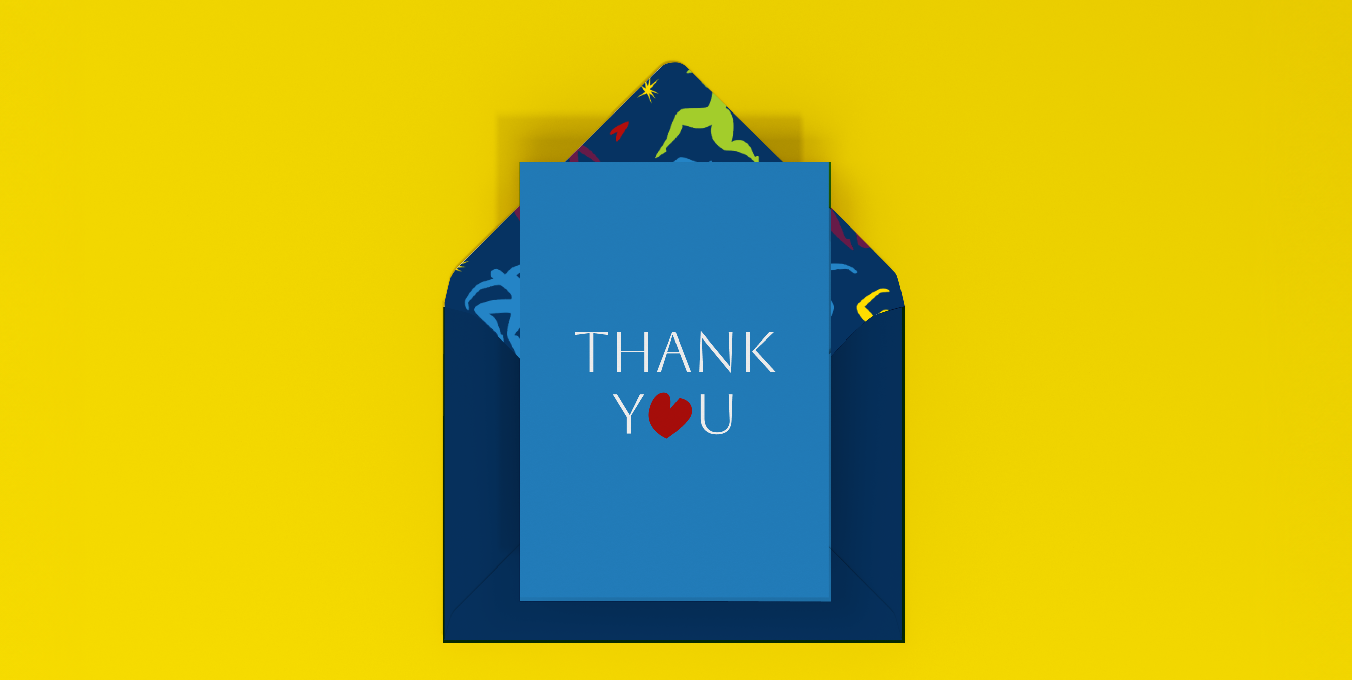 Blue thank-you card in envelope with red heart accent inside the word “YOU.”
