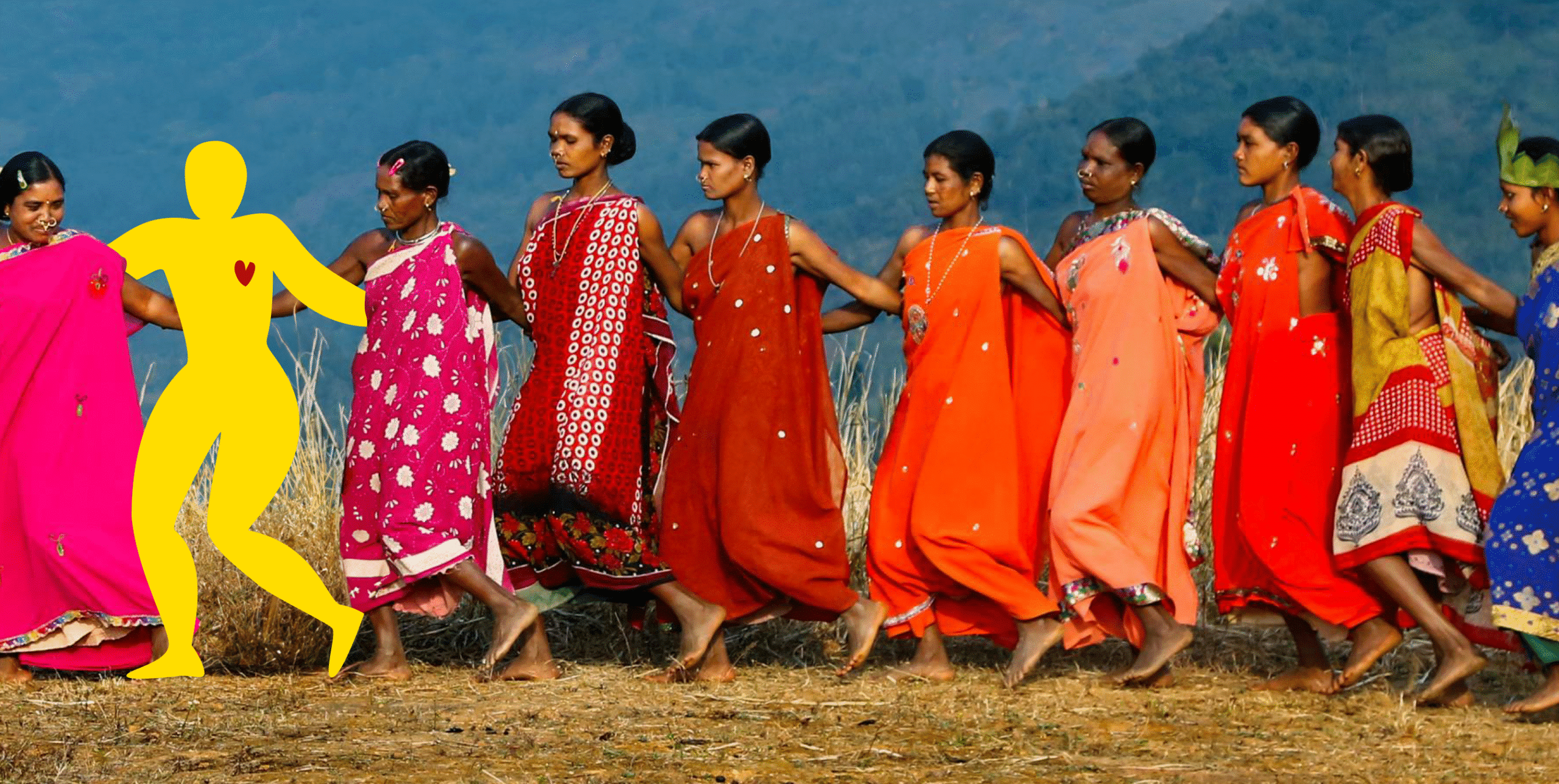 Women in colorful saris holding hands in a line, with a yellow abstract figure added among them.